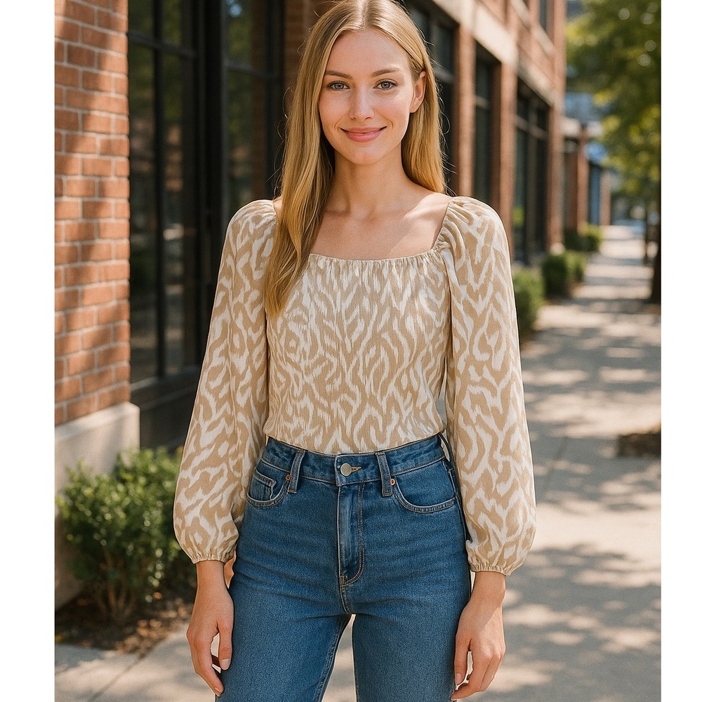 Halogen Top XXS Cream Beige‎ Abstract Print Long Sleeve Smocked Square Neck